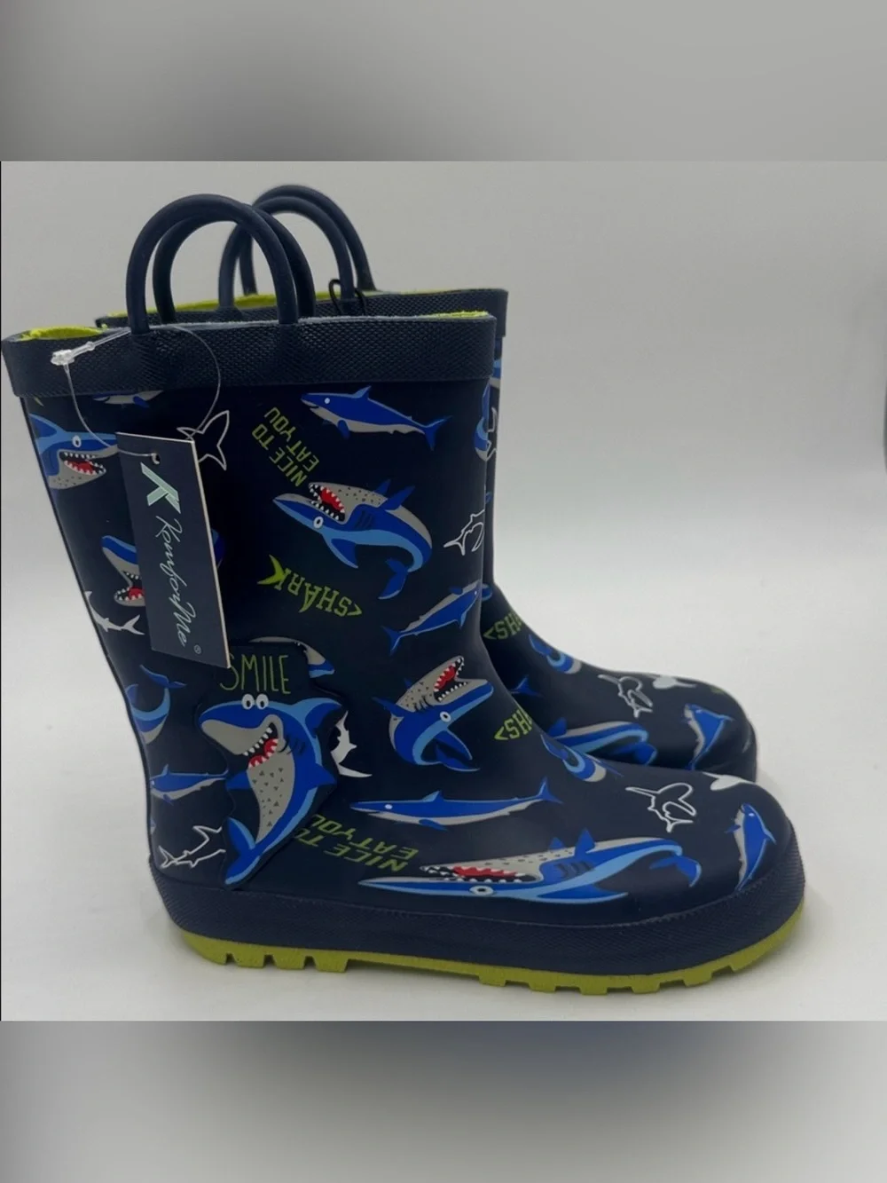 KomfortMe Kids Rain Boots Shark Print Navy Blue Toddler Size 6 & Youth Size 12